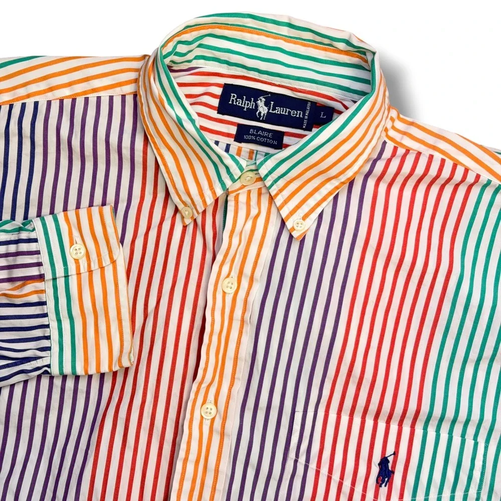 Vintage Ralph Lauren Button Down Mens L Multicolor Stripe Poplin Rainbow Blaire